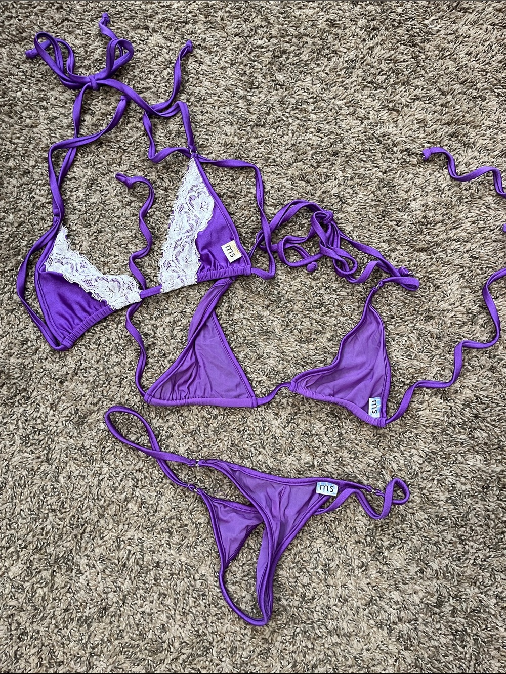 Purple Lace-Trim Triangle Bikini Set - Women